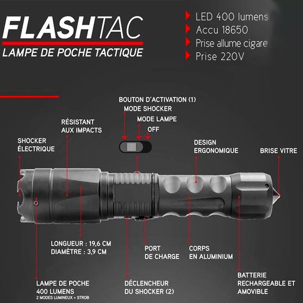 Lampe tazer ultra puissant FlashTac. Triple fonction de self défense