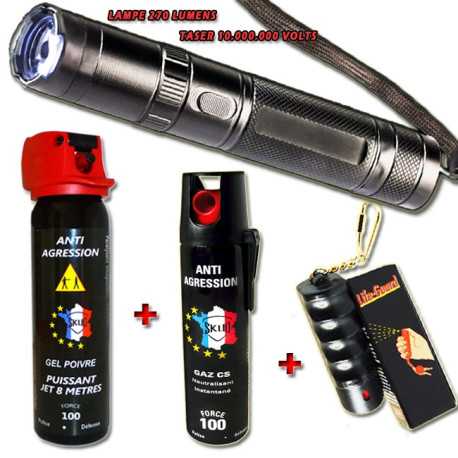 Pack defense diabolique : Taser-lampe + 3 Bombes lacrymogenes Gaz, Gel Piment, Porte-clef défense Pack defense diabolique : Taser-lampe + 3 Bombes lacrymogenes Gaz, Gel Piment, Porte-clef défense