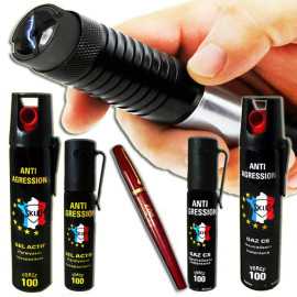 Pack antiagression  : Taser poche+bombes lacrymogenes GAZ+GEL+ stylo lacrymogene
